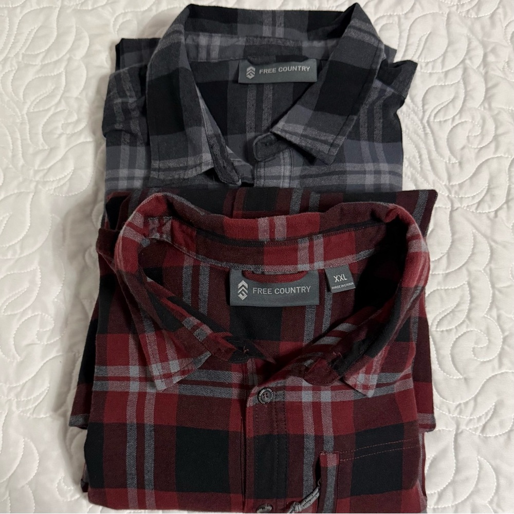 Set of 2 Free Country Men's Black Maroon Plaid Flannel Long Sleeve Shirt XXL